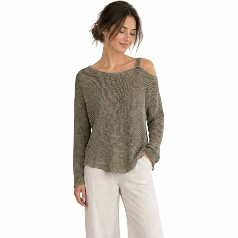 Eileen Fisher Linen Cord Stitch Sweater Cold Shoulder Open Knit 57% Linen L